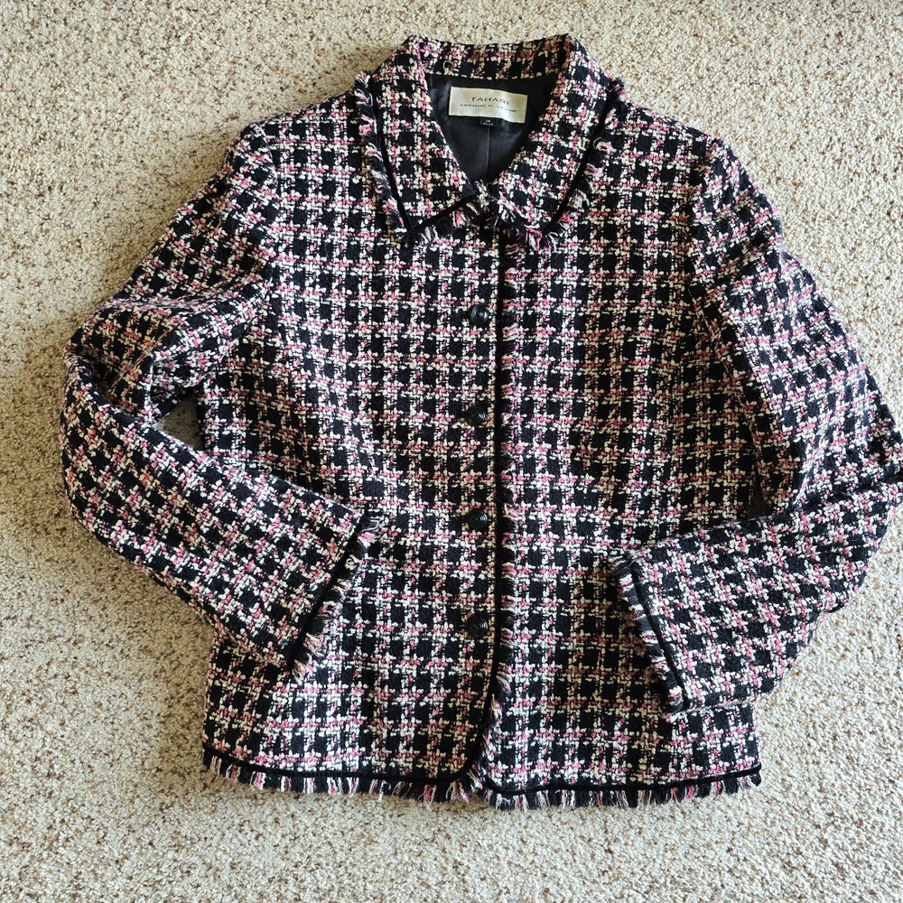 Women's Tahari Arthur Levine Pink Houndstooth Coquette Academia Jacket Size 14